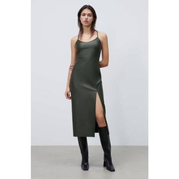 Zara Dresses & Skirts - Green ZARA Leather Sheath Midi Dress M